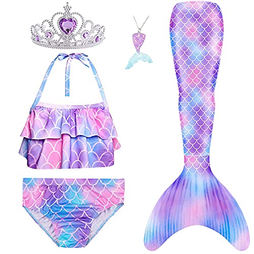 5Pcs Girls Swimsuit Mermaid Tails for Swimming Princess Bikini Bathing Suit Set Can Add Monofin 4T 6T 8T 10T 12T (as1, Age, 6_Years, Purple #2)