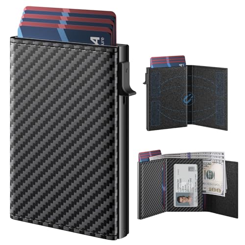 typecase Mens Wallet Card Holder: Pop Up Aluminum Case, Genuine Leather, Smart, RFID Blocking, Slim, Minimalist, Front Pocket - 9-14 Card Capacity | ID Window | Cash Slot (Carbon Fiber)