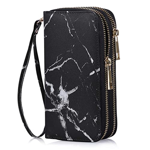 HAWEE Cellphone Wallet for Women Dual Zipper Long Purse with Removable Wristlet, Marble Black