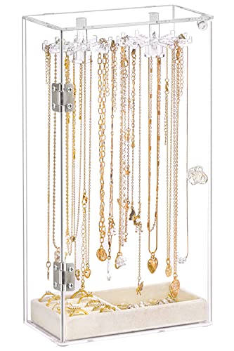 boailydi Acrylic Necklace Holder, Necklace Organizer, Rotatable Clear Jewelry Organizer Display Case for Long Necklaces Pendant Bracelets, Jewelry Holder with Beige Velvet Tray for Rings Earrings