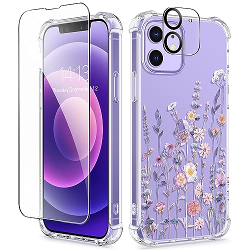 GVIEWIN for iPhone 12 Case and iPhone 12 Pro Case with Screen Protector + Camera Lens Protector, Clear Flexible TPU Shockproof Cover Women Girls Flower Pattern Phone Case 6.1' (Floratopia/Colorful)