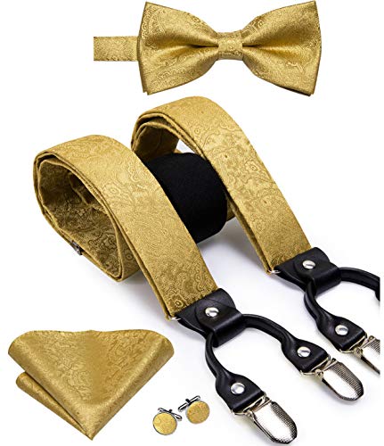 Dubulle Gold Suspender Paisley bowtie Set Silk Brace Adjust Elastic Suspender Set