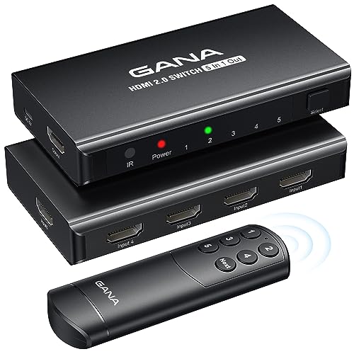 HDMI Switch 5 in 1 Out 4K@60Hz, GANA HDMI Splitter Switcher with Remote, Aluminum HDMI 2.0 Switch Box Hub for 3D, HDCP2.2, HDR, Compatible with Xbox, PS5/4/3,Fire Stick,Roku,Blu-Ray Player, Black