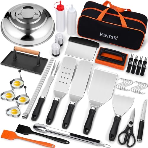 RINPIR 45pcs Griddle Accessories Kit for Blackstone, Flat Top Grill Spatula Set with Enlarged Spatulas, Melting Dome and Burger Press, Professional Hibachi Tools Gifts for Outdoor BBQ Teppanyaki