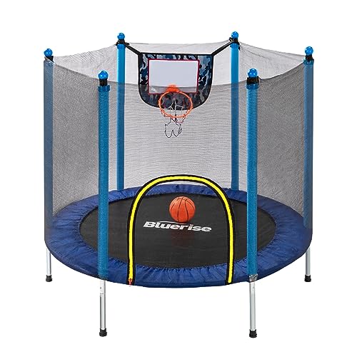 BLUERISE Trampoline 55IN Indoor Trampoline for Kids Outdoor Play for Kids Trampoline Basketball Hoop Attachment with Enclosure Net Easy to Assemble Recreational Trampoline