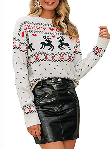 BerryGo Women's Knited Holiday Pullover Ugly Christmas Reindeer Sweater White-M