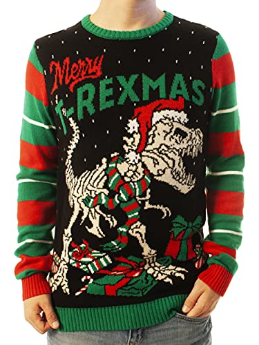 Ugly Christmas Party Sweater Men's- Unisex Merry T- Rexmas Skeleton Knitted-Large T-Rexmas Black