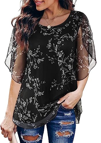 SeSe Code Chiffon Blouses for Women Plus Size Summer Tops Floral 3/4 Sleeve Shirts Dressy Casual Flowy Evening Party Top Mesh Sheer Layered Tunic Blusas de Mujer Elegantes 3XL Black