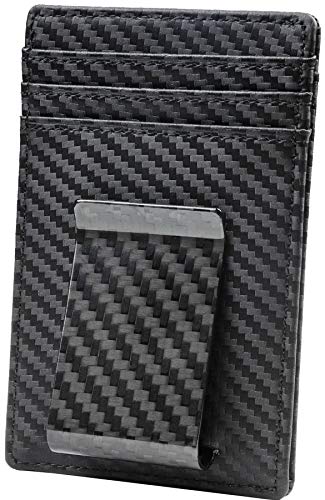 Travelambo Money Clip for Men Carbon Fiber Clip Wallet Leather Slim Minimalist Card Holder RFID Blocking (Weaved Black)