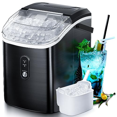 Nugget Countertop Ice Maker with Soft Chewable Pellet Ice, Pebble Portable Ice Machine, 34lbs Per Day, Self-Cleaning, Sonic Ice, One-Click Operation, for Kitchen,Office Stainless Steel Black