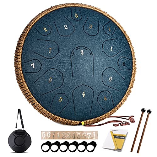 HOPWELL Steel Tongue Drum - 14 Inch 15 Note Tongue Drum - Hand Pan Drum with Music Book, Handpan Drum Mallets and Carry Bag, D Major (Navy Blue)