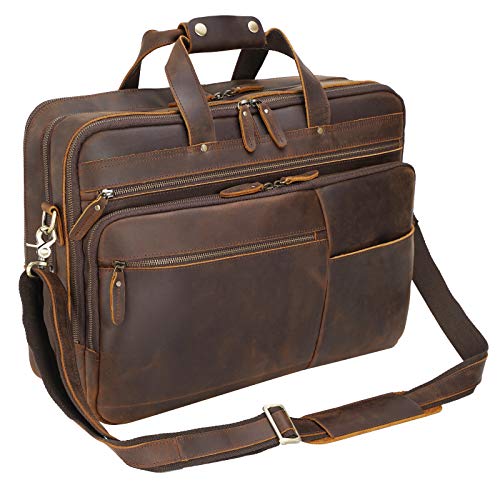 Polare X-Large 18' Full Grain Leather Briefcase For Men Business Travel Case Messenger Bag Fits 17.3' Laptop (Brown)