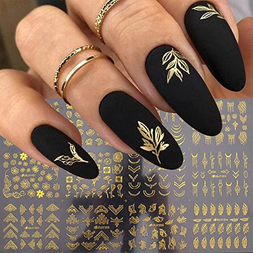 Flowers Nail Art Stickers Decal 3D Self-Adhesive Gold Flower Leaf Lace Nail Supplies Flower Nail Stickers Geometry Line Nail Designs for Women Girls Nail Art Decorations(Gold)