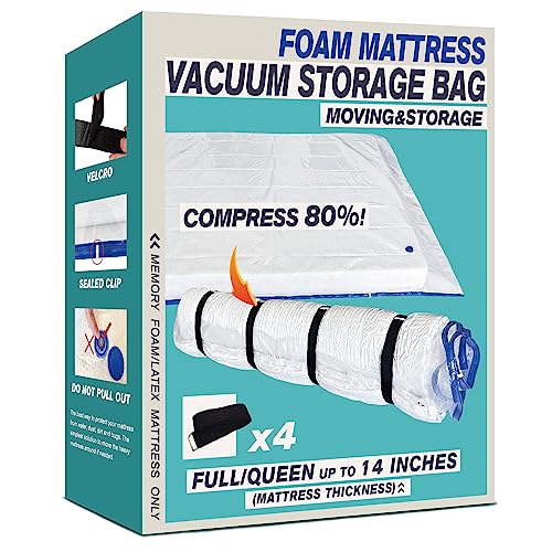 Queen Size Mattress Vacuum Bag for Memory Foam/Latex Mattress Upto 14 Inch, Moving Shipping and Storage, Waterproof and Airtight with 4 Adjustable Straps