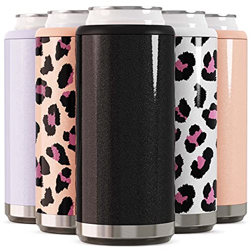 Maars Skinny Can Cooler for Slim Beer & Hard Seltzer | Stainless Steel 12oz Sleeve, Double Wall Vacuum Insulated Drink Holder - Glitter Black