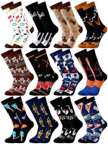 Suhine 12 Pairs Music Gift Socks for Men Novelty Music Lover Gifts Musical Instrument Pattern Crew Socks Christmas Gift