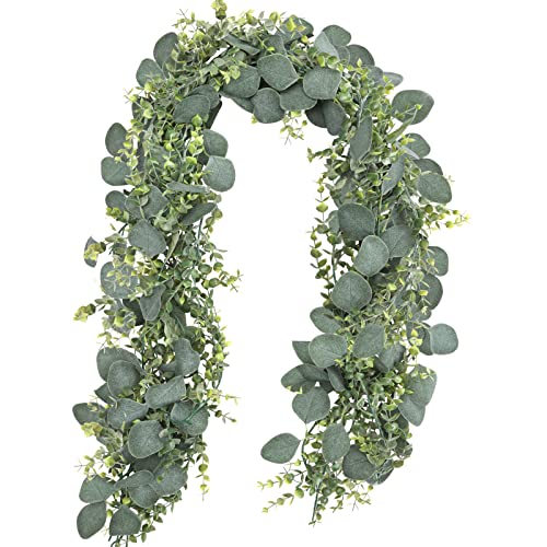 CEWOR 2 Pack 5.5ft Artificial Eucalyptus Garland Spring Garland Fake Silver Dollar Greenery Garland Vines Table Runner for Wedding Home Party Mantle Wall Decor