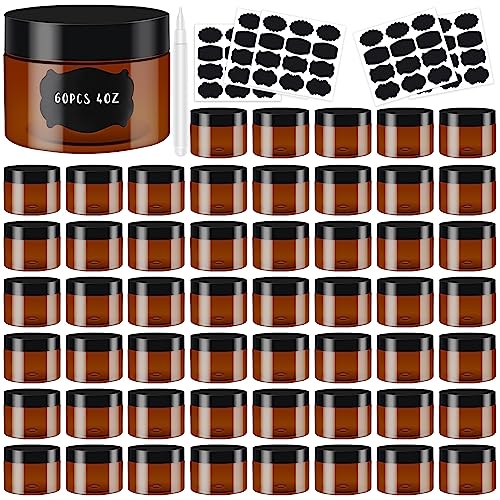 Dandat Amber Plastic Jars with Lids Refillable Round Storage Container with Labels and Pen Christmas Small Empty Travel Jar for Lotion Gel Essential Oil Body Powders Ointments(4 oz, 121 Pcs)