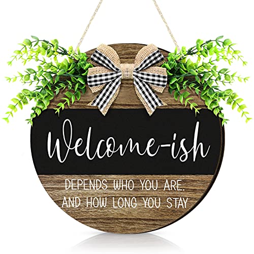 Welcome Sign Welcome-ish Front Door Sign Funny Wreaths Hanging Wooden Plaque Decoration Round Rustic Wood Farmhouse Porch Decor for Home Front Door Decor, 12 x 12 Inch (Retro Style)