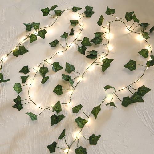 2 Pack 6.56 Ft Green Ivy Leaves Fairy String Lights Battery Operated, 80 LEDs Battery Powered Artificial Garland Plant Vine Fairy Light for Bedroom Wedding Party Holiday Patio Decor（Warm White）