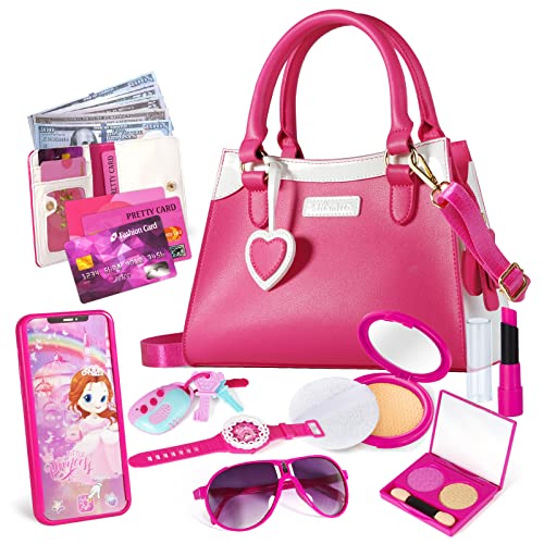Shemira Play Purse for Little Girls, Princess Pretend Play Girl Toys for 3 4 5 6 7 8 Years Old, Birthday Gift for Girls Age 3-5 4-6 6-8, Toddler Purse with Accessories, Kids Toy Purse