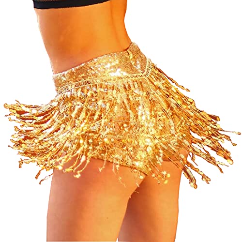 Yollmart Women's Sequins Tassel Skirts Shorts Booty Dance Festival Bottoms-Gold-M