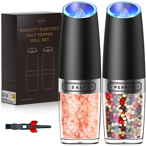 Sangcon Gravity Electric Salt and Pepper Grinder Set Automatic Shakers Mill Grinder with LED Light, Battery Powered Adjustable Coarseness One Hand Operation, Upgraded Larger Capacity