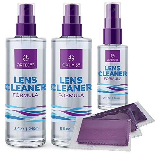 Optix 55 Lens Cleaner Spray Kit - Alcohol & Ammonia Free | (2) 8oz + (1) 2oz Eye Glasses (3) Microfiber Cloths Safe for Eyeglasses, Lenses Screens Streak-Free, Unscented (18 Fl Oz)