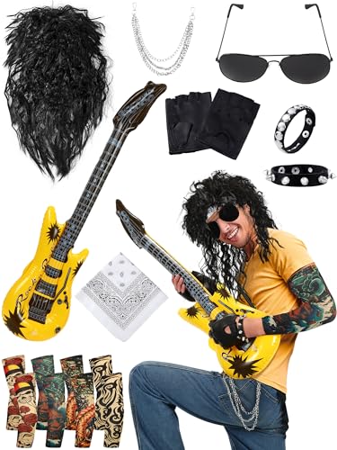 Mepase 12 Pcs 80s Rocker Costume for Men Including Hippie Wig, Sunglasses, Pants Chain, Bracelet, Headband, Tattoo Sleeve, Biker Glove and Guitar Props Punk Party Accessories