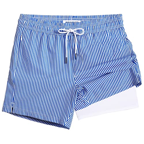 maamgic Mens Swim Trunks with Compression Liner 5' Stretch Beach Shorts Quick Dry with Zipper Pockets No-Chafing Board Shorts Blue White Stripe M