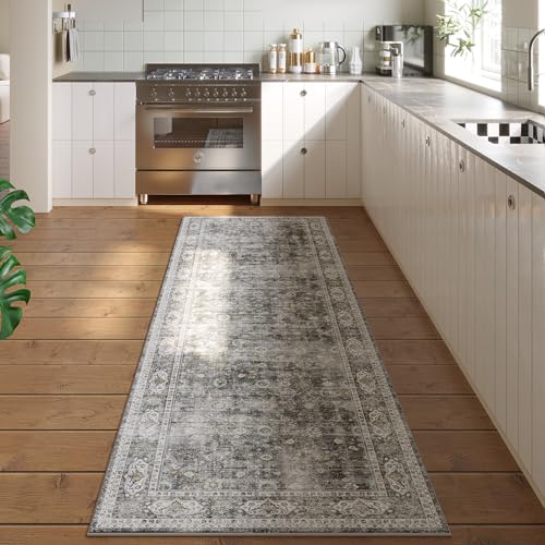 Rugcomf Runner Rug Hallway Runner Rug Washable Kitchen Runner Rugs with Rubber Backing 2'6''x8' Soft Faux Wool Vintage Rug for Entryway Indoor, Kitchen, Laundry, Bedroom (Grey and Brown)