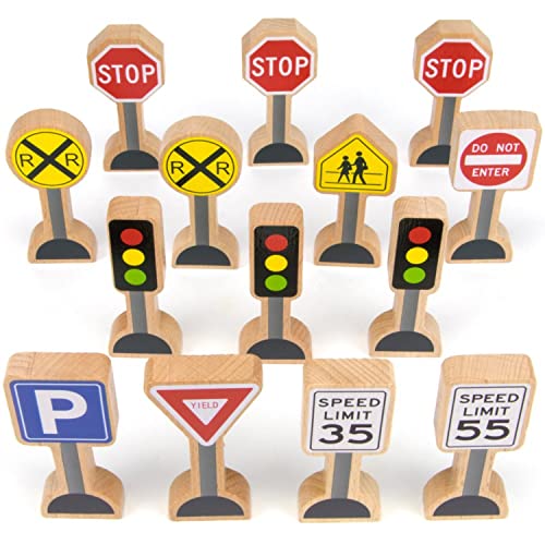 Wooden Street Signs for Train Sets, 14 Pc - Educational Playset Pieces for Kids, Boys, & Girls - Track Accessories for Tabletop Railroads, Car Mats, Blocks, Sand Boxes, & Indoor/Outdoor Pretend Play