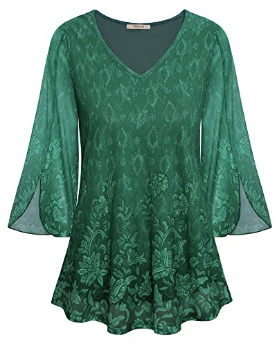Bebonnie Holiday Tops for Women, Ladies Tops and Blouses 3/4 Bell Sleeve Tunic Tops for Leggings Peasant Office Work Floral Top Business Casual Dressy Shirts Elegant Chiffon Blouse Multi Green M