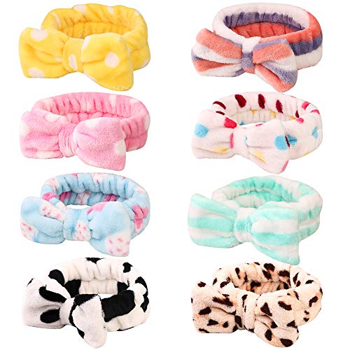 8 Pack Spa Bow Headbands, Coral Fleece Makeup Cosmetic Headband for Washing Face, Shower Terry Cloth Hair Band for Women Facial