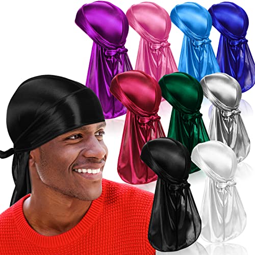 ASKNOTO 9 Pcs Silky Durag with Long Tail for Men, Pack Durags Do rags for 360 Waves