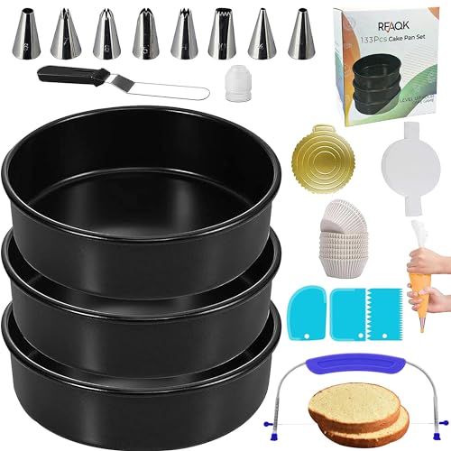 RFAQK 133PCs Round Cake Pans Sets for Baking + Cake Decorating Supplies - 3 Non-Stick 8 Inch Cake Pan with Baking Supplies, Piping Tips, Cake Leveler, Icing Spatula and 35 Parchment Papers with eBook