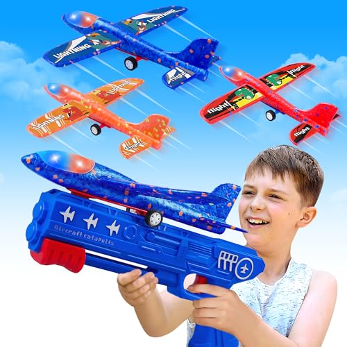 LJZJ 3 Pack Airplane Launcher Toys, 2 Flight Modes LED Foam Glider Catapult Plane, Outdoor Flying Toy for Kids, Birthday Gifts for Boy Girl 4 5 6 7 8 9 10 11 12 Year Old, B-Day Party Supplies