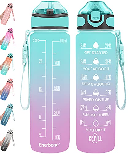 Enerbone 32 oz Drinking Water Bottle with Times to Drink and Straw, Motivational with Carrying Strap, Leakproof BPA & Toxic Free, Ensure You Drink Enough Water for Fitness Gym Outdoor