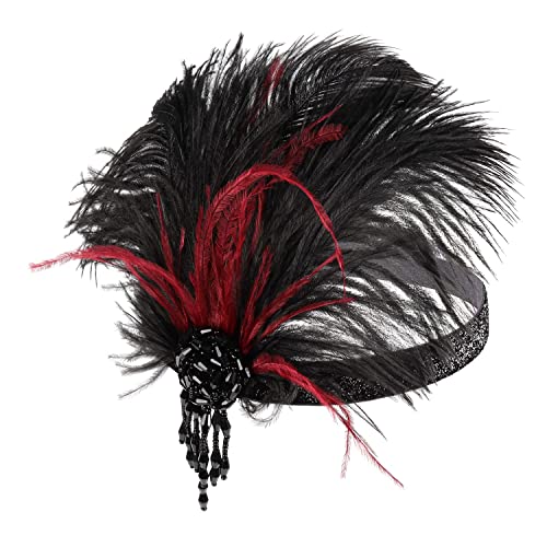 LATIMOON 1920s Ostrich Feathers Headpiece Roaring 20s Headband Great Gatsby Beaded Tassel Hair Accessories for Women