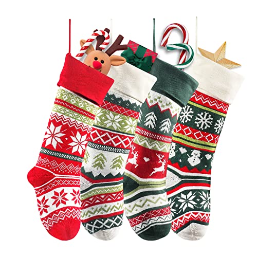 Brainfella Knit Christmas Stockings,4 Pack 22 Inches Snowflake Reindeer Snowman Personalized Cable Knit Stockings for Christmas Candy Gifts Decor