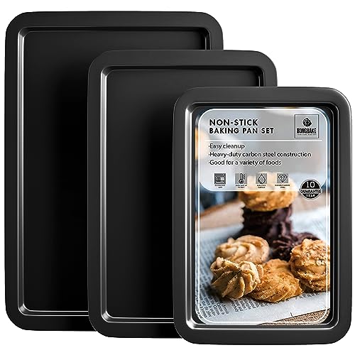 HONGBAKE Baking Sheet Pan Set, Cookie Sheet for Oven, Nonstick Bakeware Sets with Wider Grips, 3 Pack Half/Jelly Roll/Quarter Baking Tray, Premium, Dishwasher Safe - Dark Grey