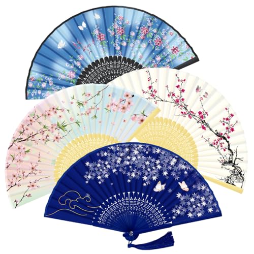 WEARXI Folding Fan - 4 PCS Chinese Fan, Hand Fans for Women Foldable, Silk Bamboo Hand Held Fan, Hollowed Fringe Hand Fan Foldable, Paper Fans for Home, Dancing, Party, Wedding Decoration