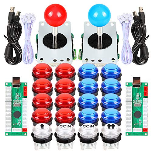 Fosiya 2 Player LED Arcade Joystick and Buttons Kit for Arcade PC Game Controller Mame Raspberry Pi Retro Controller (Red & Blue Kit)