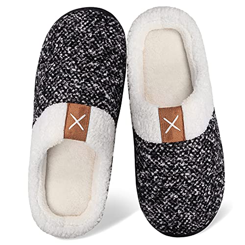 Women's Memory Foam Slippers Comfort Wool-Like Plush Fleece Lined House Shoes for Indoor & Outdoor (Black/White, 38/39)