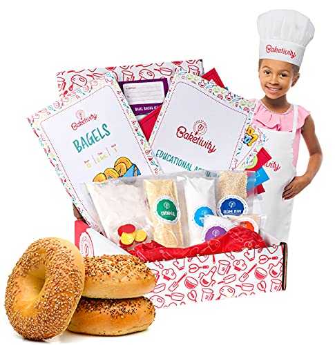 Baketivity Kids Baking Set, Meal Cooking Party Supply Kit for Teens, Real Fun Little Junior Chef Essential Kitchen Lessons, Includes Pre-Measured Ingredients (Kit + Hat & Apron, Bagels)