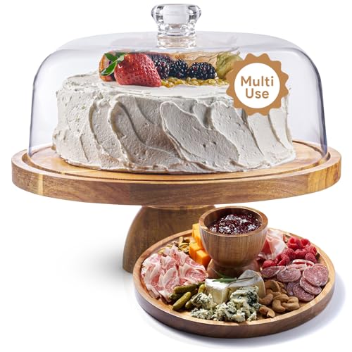 Homesphere Acacia Wood Cake Stand with Lid - 12in Round Cake Holder, 2-in-1 Dessert Table Display Set & Charcuterie Board for Cheese, Chips & Dips, Nachos, Fruit Platter, Large Acrylic Cake Dome Cover