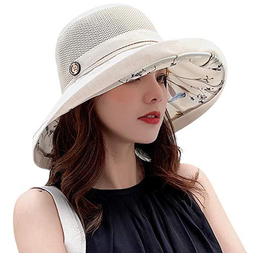 Women Mesh Sun Hats Summer Beach UV Protection UPF Packable Wide Brim Chin Strap (Yellowish-Beige)