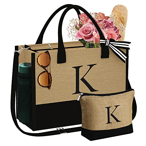YOOLIFE Gifts for Women - Mothers Day Birthday Gifts for Women Initial Jute Tote Bag Makeup Bag Gifts for Women K Initial Tote Bag Birthday Gifts for Women Bride Teacher Gifts Mom Sister Friend Gifts