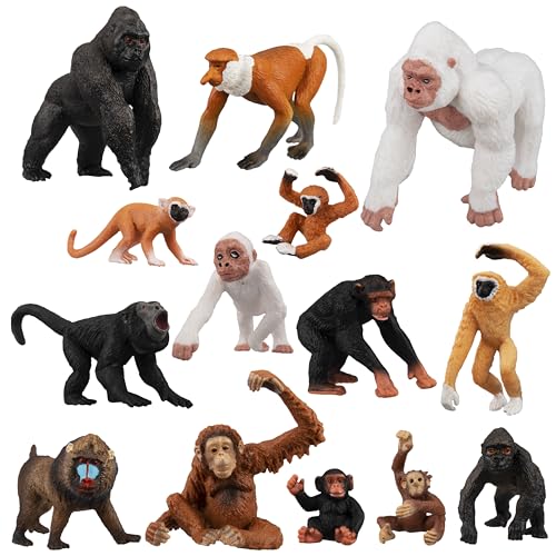 Toymany 14-Piece Monkey & Gorilla Figurines Set, Jungle Animals Playset, Cake Toppers, Christmas & Birthday Gifts for Kids