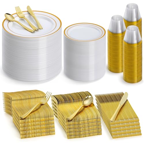 600 Pieces Gold Plastic Dinnerware for 100 Guests, Disposable Plastic Plates for Party Wedding Birthday, Includes 100 Dinner Plates, 100 Salad Plates, 100 Spoons, 100 Forks, 100 Knives, 100 Cups